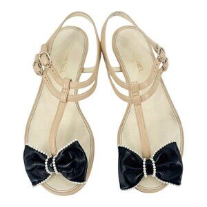 Chanel CC Logo Bow Pearl Leather Sandals Wide Fit